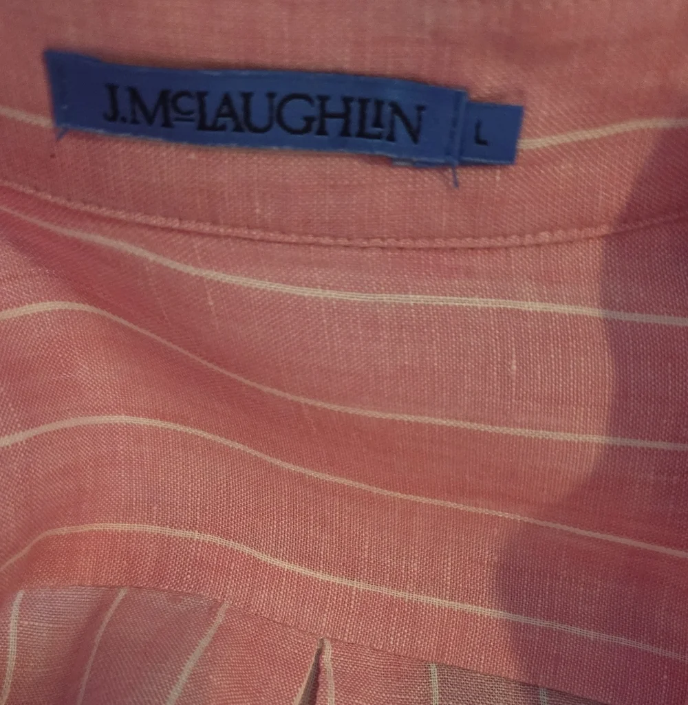 Women's J. McLaughlin Britt Linen Pink With White Pin Stripes Blouse, Size L - Picture 2 of 13